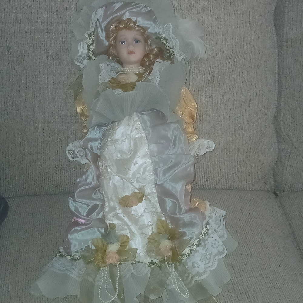 Elegant Porcelain Grainville House Blonde Curls Doll in Lace Dress